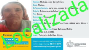 COMISIÓN DE BÚSQUEDA LOCALIZA A MUJER DE 71 AÑOS REPORTADA COMO DESAPARECIDA